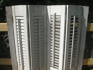 Vtg White Shabby Primitive Wood Window Shutters Louvered Slats 4 Panels