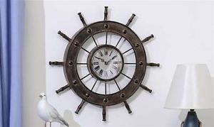 Nautical Captain Wheel Iron Wall Clock Glass Front 20 7" Diameter New
