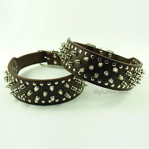 Brown 2inch Spiked Studded Leather Dog Collars Pitbull German Shepherd Collars