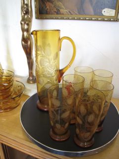 Etched Art Deco 1930s Amber Glass Water Jug Glasses Set