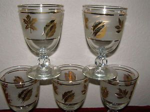 5 Vintage Libbey Glass Frosted Gold Leaf Water Goblets Glasses GUC