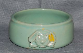 Vintage Bone Yard Molded Dog Head Art Pottery Dish Dog Food Water Bowl Green