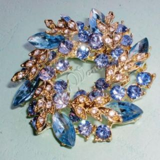 Vintage Flower Wreath Brooch Blue Swarovski Crystal Golden Leaf CZ Decor