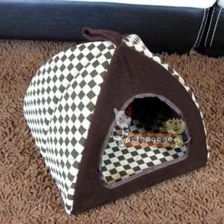 Dog Pet Cat House Indoor Pet Dog Cat House Bed Classical Grid Brown Sz Small
