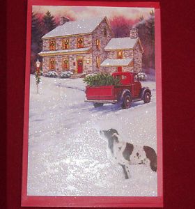 18 Christmas Cards Stone House Dog in Yard Old Red Truck with Tree Red Envelopes