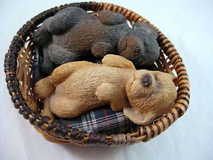 Signed Sandicast Miniature 2 Labrador Dogs Puppies Golden Chocolate Basket Bed