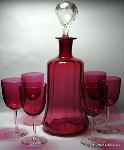 Antique Victorian Cranberry Glass Decanter Six Wine Glasses C1880