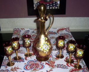 Vintage sent Murano Ruby Red Gold Venetian Glass Wine Decanter w 6 Glasses