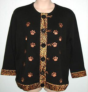 Bobbie C Sweater Cat Dog Paws Black Cheetah Print 1x 2X Plus Womens Cardigan
