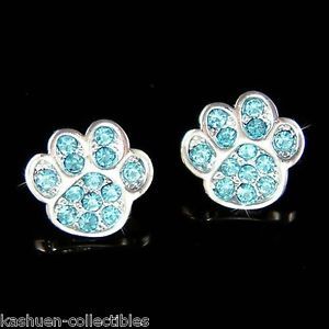 Blue w Swarovski Crystal Dog Kitty Cat Kitten Pawprint Paw Print Animal Earrings