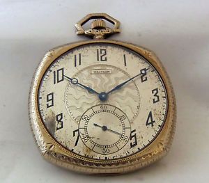 1920 Waltham 14k White Gold Pocket Watch Cushion Shape Art Deco Swing Out Case