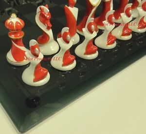 Modern Art Deco Chess Set w Smoked Glass Board 15" Contemporary