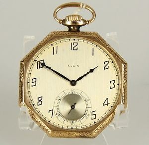 Vintage Elgin 14k Gold Art Deco Octagon Shape Pocket Watch