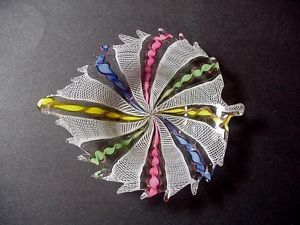 Murano Latticino Venetian Art Glass Ribbon Lace Candy Dish Leaf Shape Nice