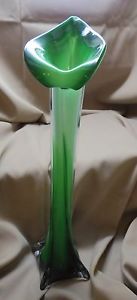 Vintage Hand Blown Art Glass Vase Calla Lilly Flower Shape Green and White