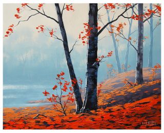 Gercken Original Oil Painting Red Autumn Leaves Trees Misty River Landscape
