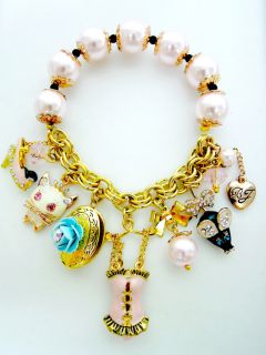Gift Box Betsey Johnson Pink Pearl Cat Mouse Multi Charms Bracelet 003P