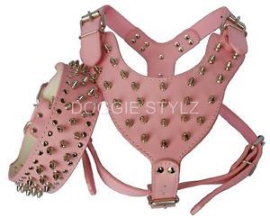 Pink Leather Dog Harness Collar Set Spike Studs Pit Bull Terrier Mastiff Corso