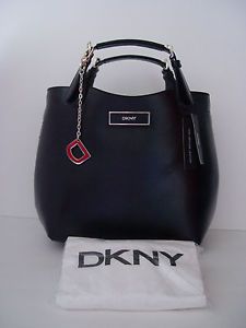 New Women's DKNY Black Shiny Saffiano Genuine Leather Tote w Zipper Liner Bag