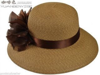 Fashion Women Girl Straw Derby Cap Flowers Coffee Wide Brim Summer Beach Sun Hat