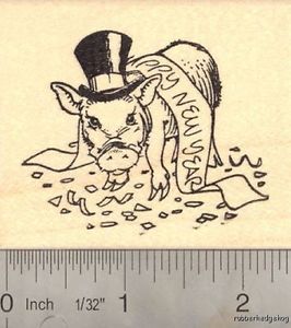 Happy New Year Pig Rubber Stamp J15312 Celebration Pig Farm Animal Pet