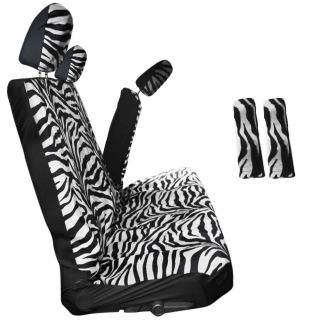 21pc White Zebra Print Seat Covers Set Floor Mats Wheel Pad Air Freshener