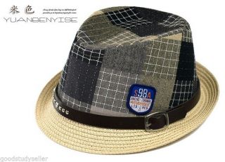 Child Boy Straw Derby Cap Checked Rivets Jazz Hat Topper Summer Beach Sun Hat