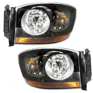New Pair Headlight Headlamp Assembly w Black Bezel Dot 06 Dodge Pickup Truck