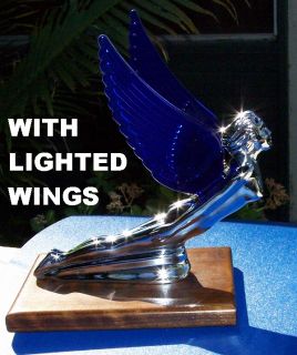 Flying Lady w Blue Wings Chrome Hood Ornament New with Free Internal Light