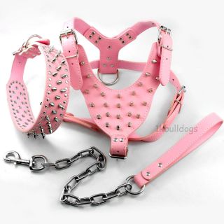 3 Size Pink Leather Studded Dog Harness Collar Set for Pitbull Bully Soft