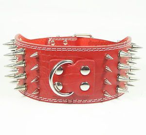 3inch Red Leather 4 Rows Spiked Studded Dog Collar Pitbull Large Dogs Collar