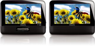 Philips Portable 7 inch LCD Dual Screen DVD Player w Headrest Mounting Straps