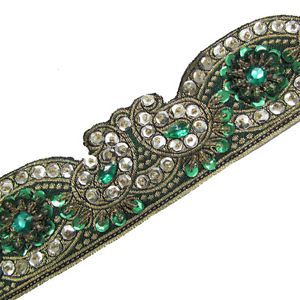 1 yd Green Ribbon Trim Hand Beaded Cut Work Sequin Stone Border Lace Sewing