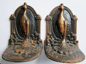 Fine Original Art Deco Antique Metal Peacock Bookends
