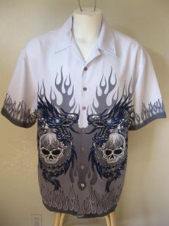 Mens Level Ten XL White Gray Flames Dragon Skulls Tattoo Biker Bowling Shirt
