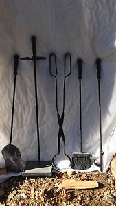 Antique Vintage Fireplace Hearth Tools and Stand Cast Wrought Iron