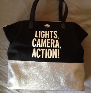 New Kate Spade Call to Action Lights Camera Action Terry Tote Black Silver