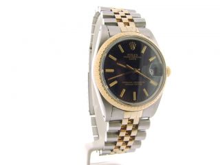 Mens Rolex Date 2Tone 14k Gold Stainless Steel Watch w Black Diamond Dial
