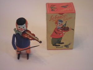 Schuco US Zone Germany Fiddler Tin Wind Up Clown in Blue Coat in Original Box