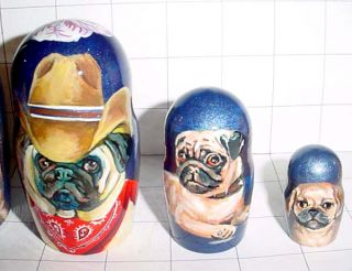 Unique Special Hand Painted 5 Pug Dog Nesting Doll Set