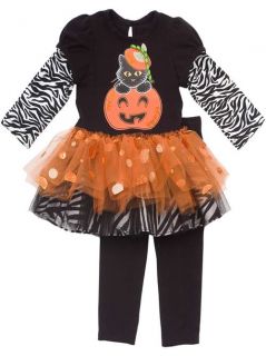 RARE Editions Girls Black Cat Pumpkin Halloween Mesh Fall Dress Outfit Legging 6