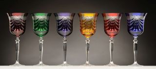 Six Multicolored Lead Crystal Wine Glasses Hand Cut