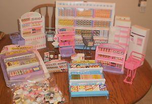 Lot Over 100 Pcs Barbie Grocery Store Shelves Food Shopping Carts Scale Fridge