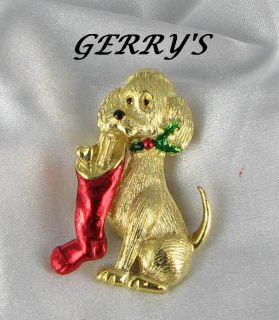 Gerrys Vintage Signed Xmas Pin Dog Christmas Stocking Puppy Xmas Figural Brooch