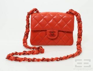 Chanel Red Quilted Leather Plastic Chain Strap Classic Mini Flap Bag 98P