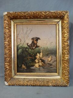 19thC Antique Victorian Era Puppy Dog Frightened Ducks Lithograph Litho Frame