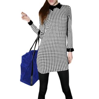Sexy Women Black Beige XS Houndstooth Wing Collar Long Sleeve Stretchy Dress