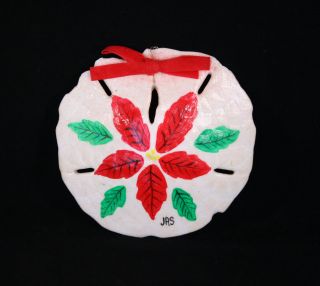 4 " Natural Shell Sand Dollar Hand Painted Poinsettia Christmas Tree Ornament