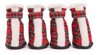 Tartan Dog Boot East Side Collection Bootie Shoe Sherpa Trim Velcro Closure