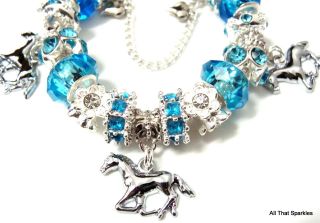 Blue Galloping Horse Pony Crystal Childrens Girls Charm Bead Bracelet